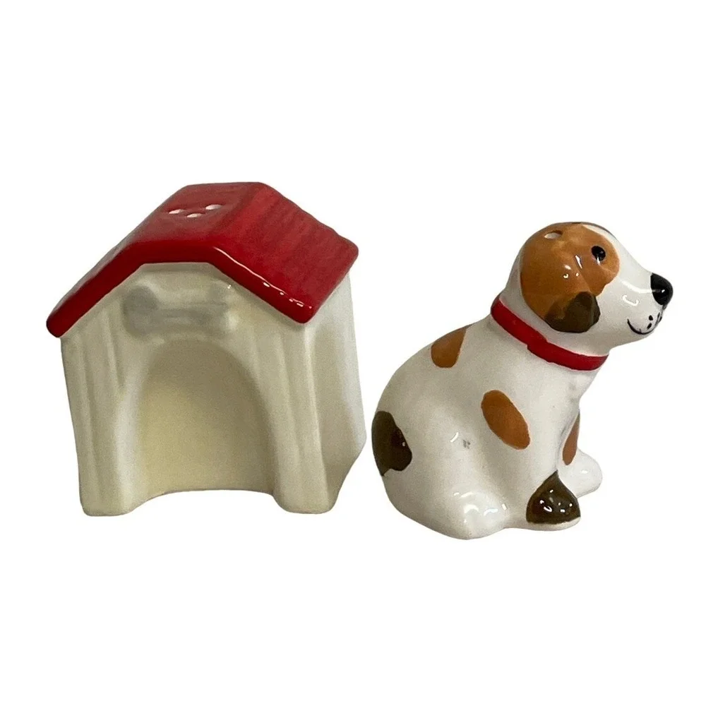 Dog and Doghouse Salt and Pepper Shaker Set Ceramic Brown White Red